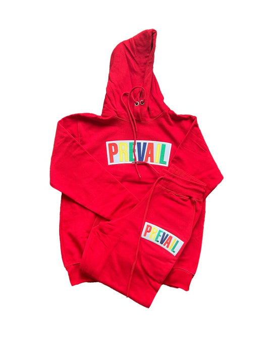 Red Prevail Jogger. Prevail patch on both the chest area of the hoodie and the thigh area of the jogging pants. Set fits true to size.